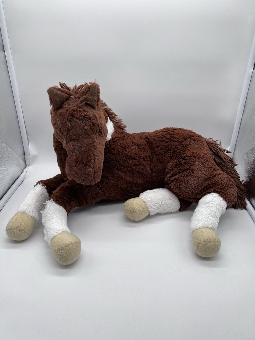 Horse Plush Lying On Side Brown White 2016 MTY Intl Pony Shiny Fur Very Soft 17ā